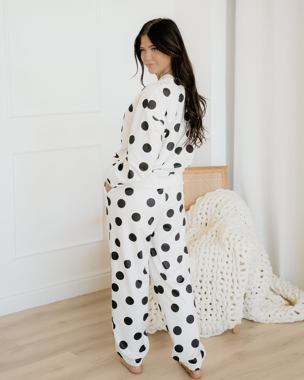 Polka Dot Print Drop Shoulder Pullover Drawstring Jogger Pant Set - Beige