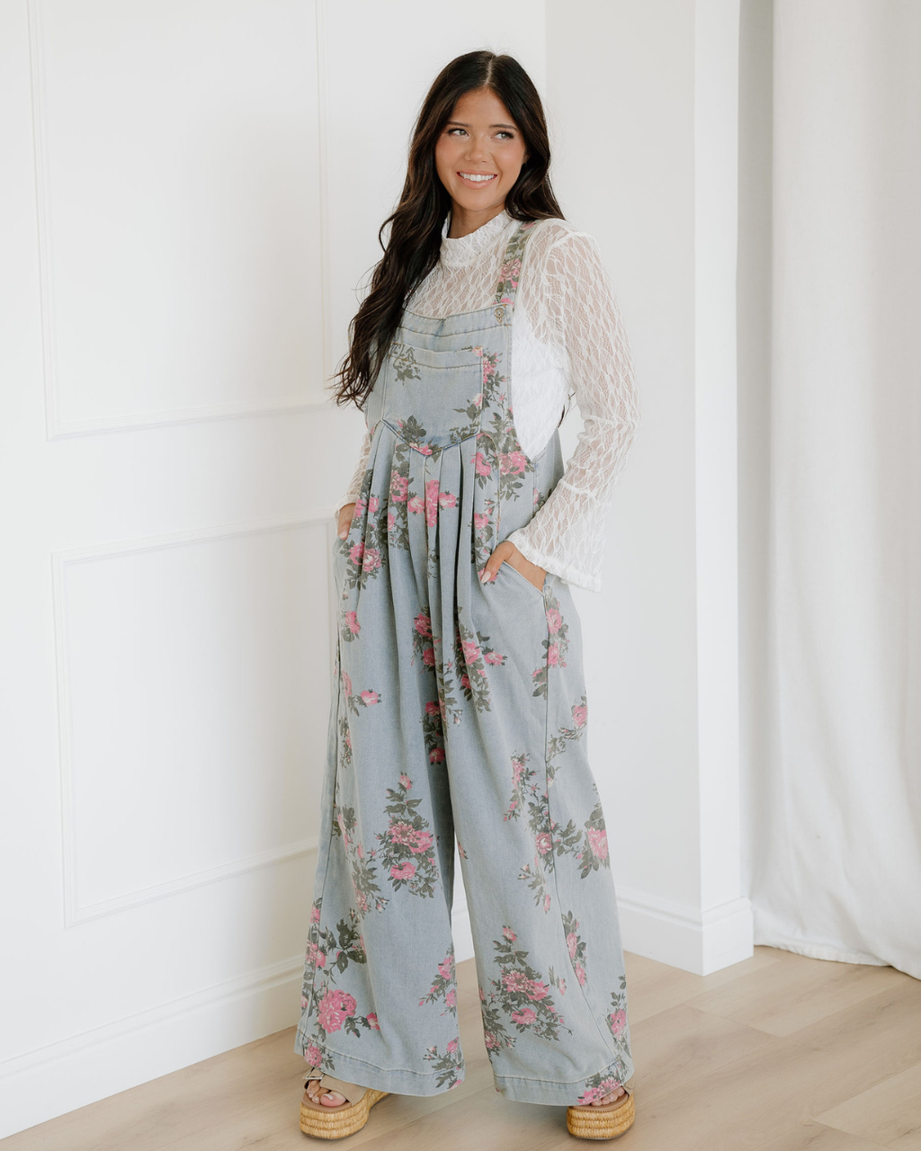 Floral Pleated Wide Leg Denim Overalls