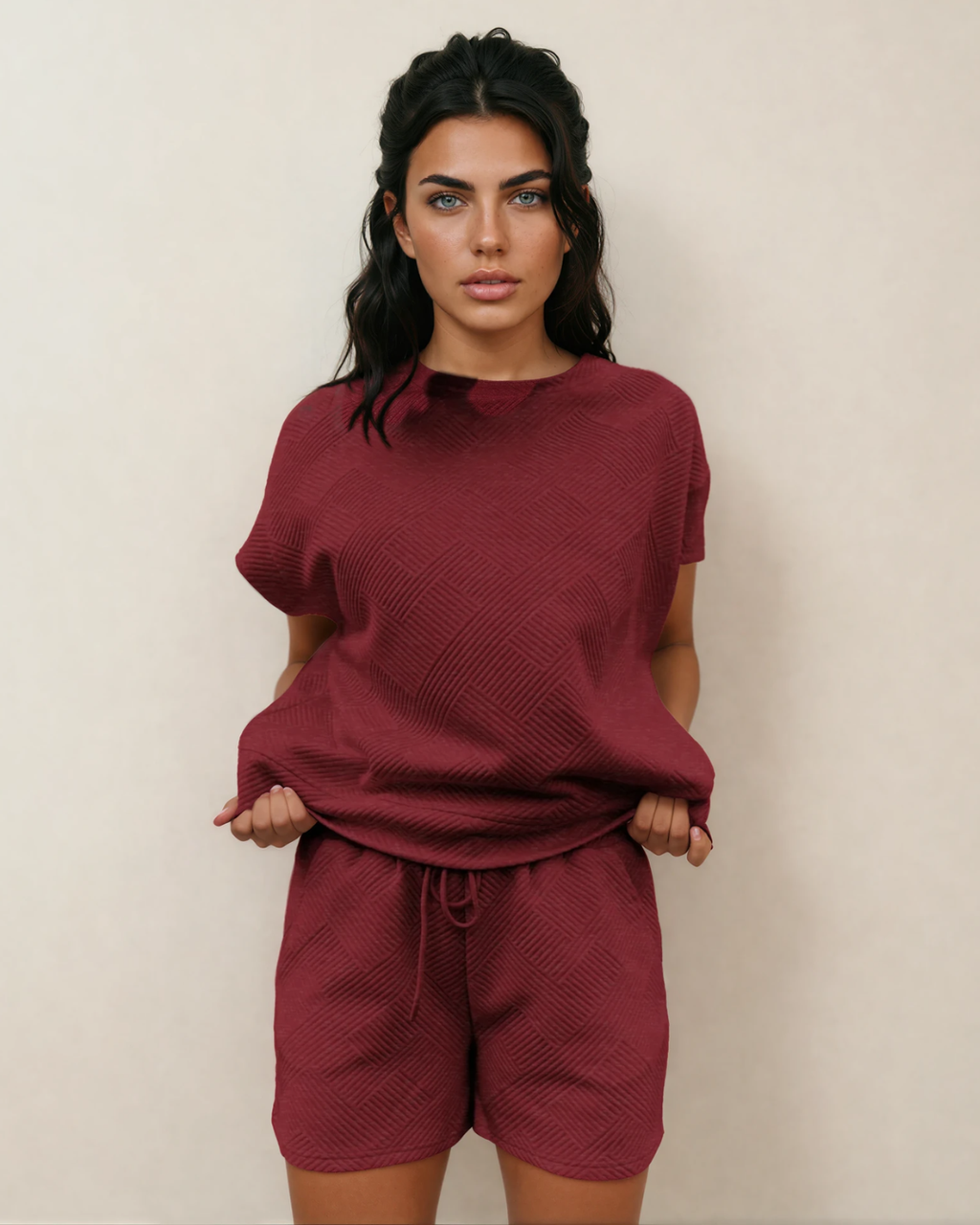 Astrid Textured Short Sleeve Top and Shorts Set - Red Dahlia