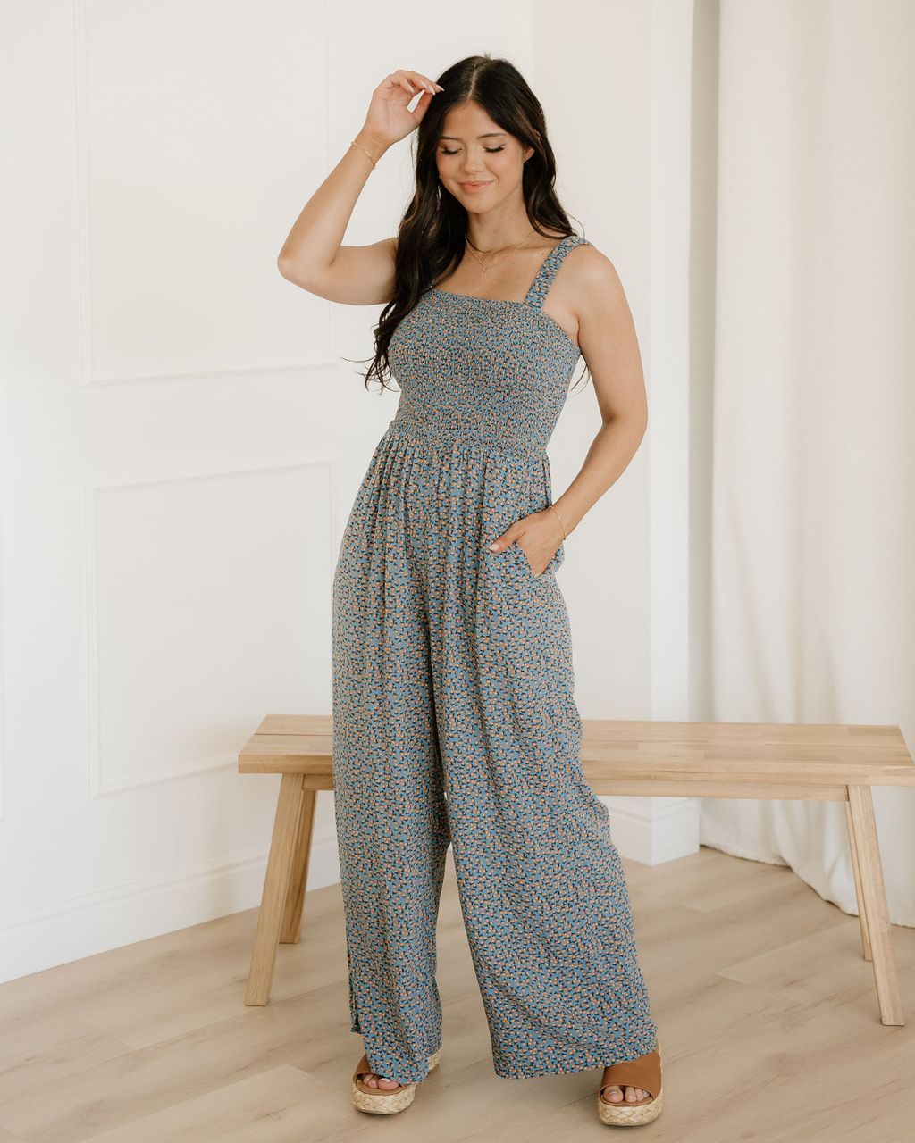 Angelica Square Neckline Stretch High Waist Jumper - Blue Floral