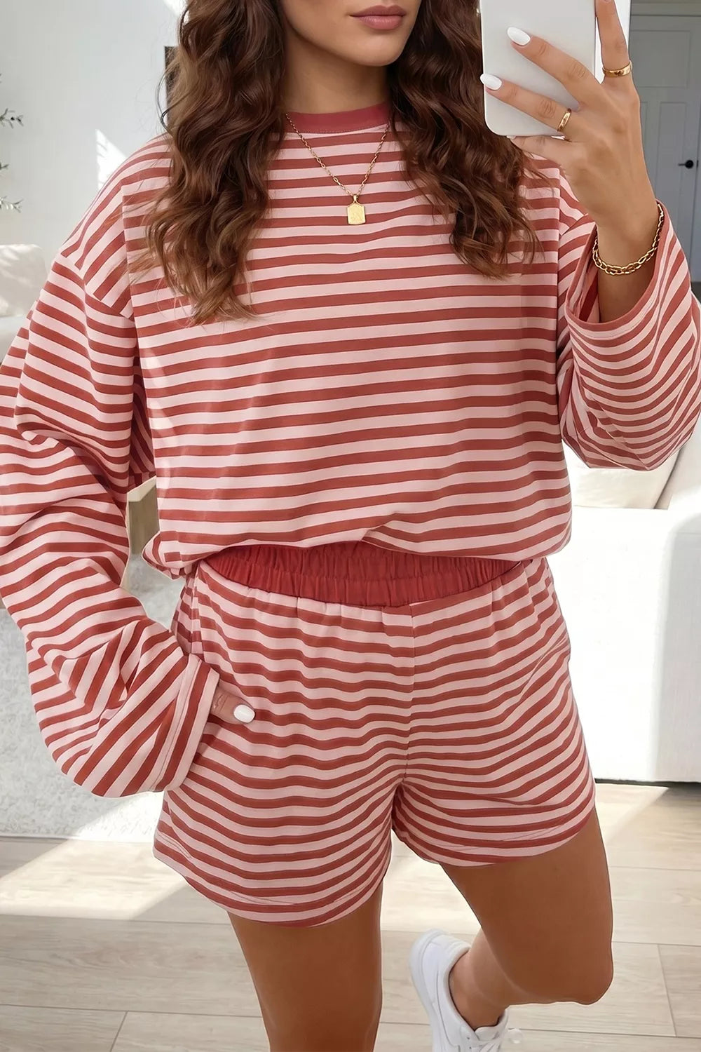 Stripe Relaxed Long Sleeve Top Contrast Elastic Waistband Short Set