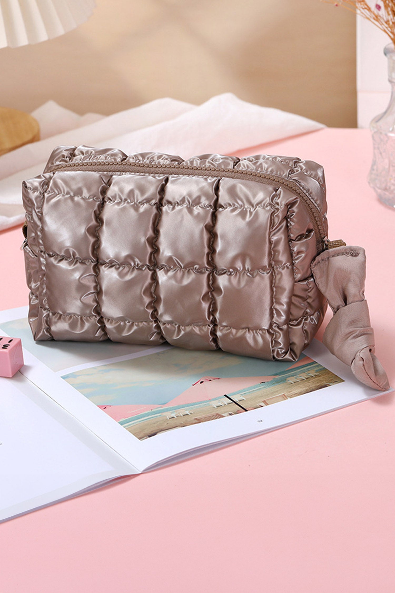 Coffee Solid Color Quilted Nylon Makeup Bag