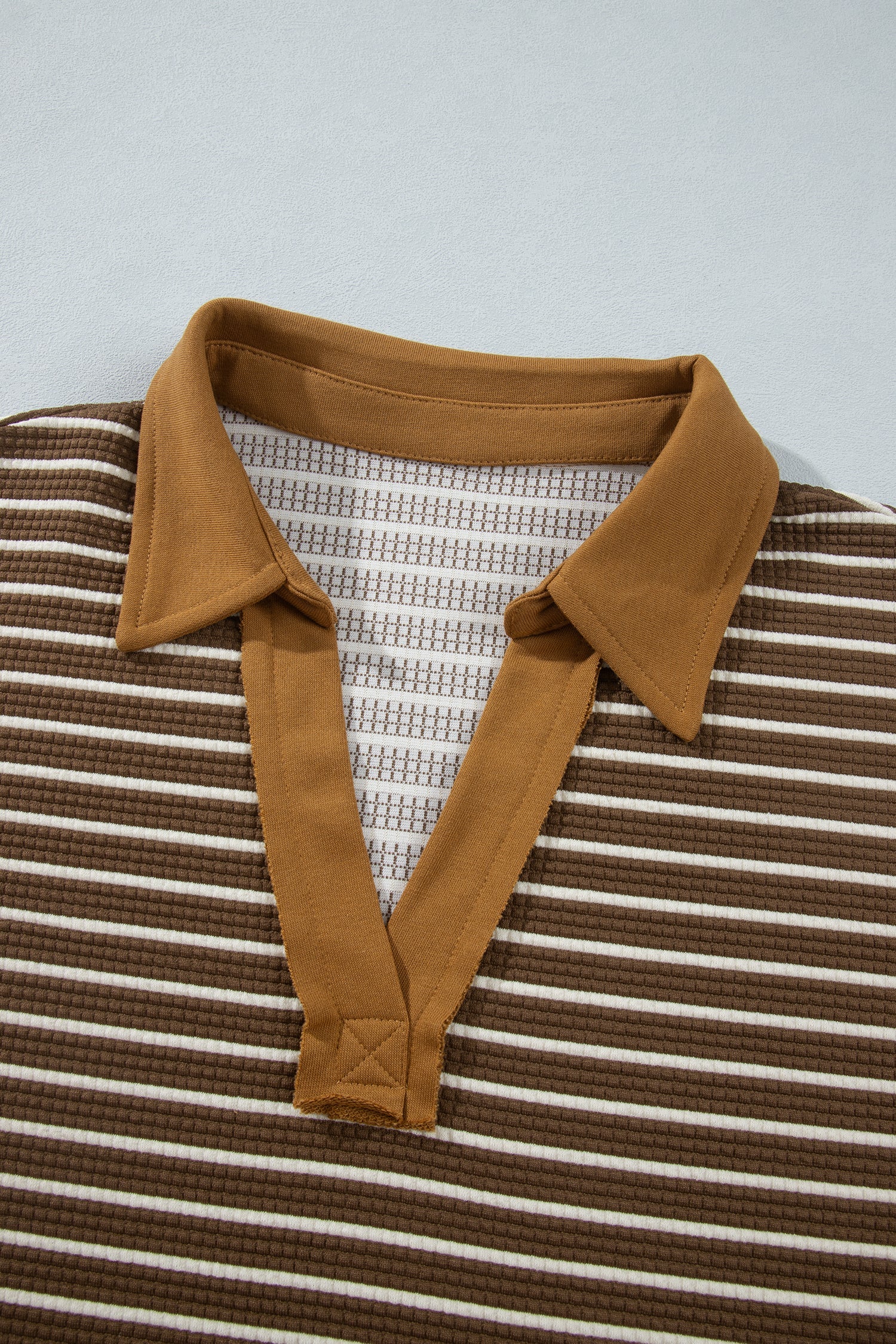 Brown Stripe Colorblock Detail Collar V Neck Plus Size Long Sleeve Top