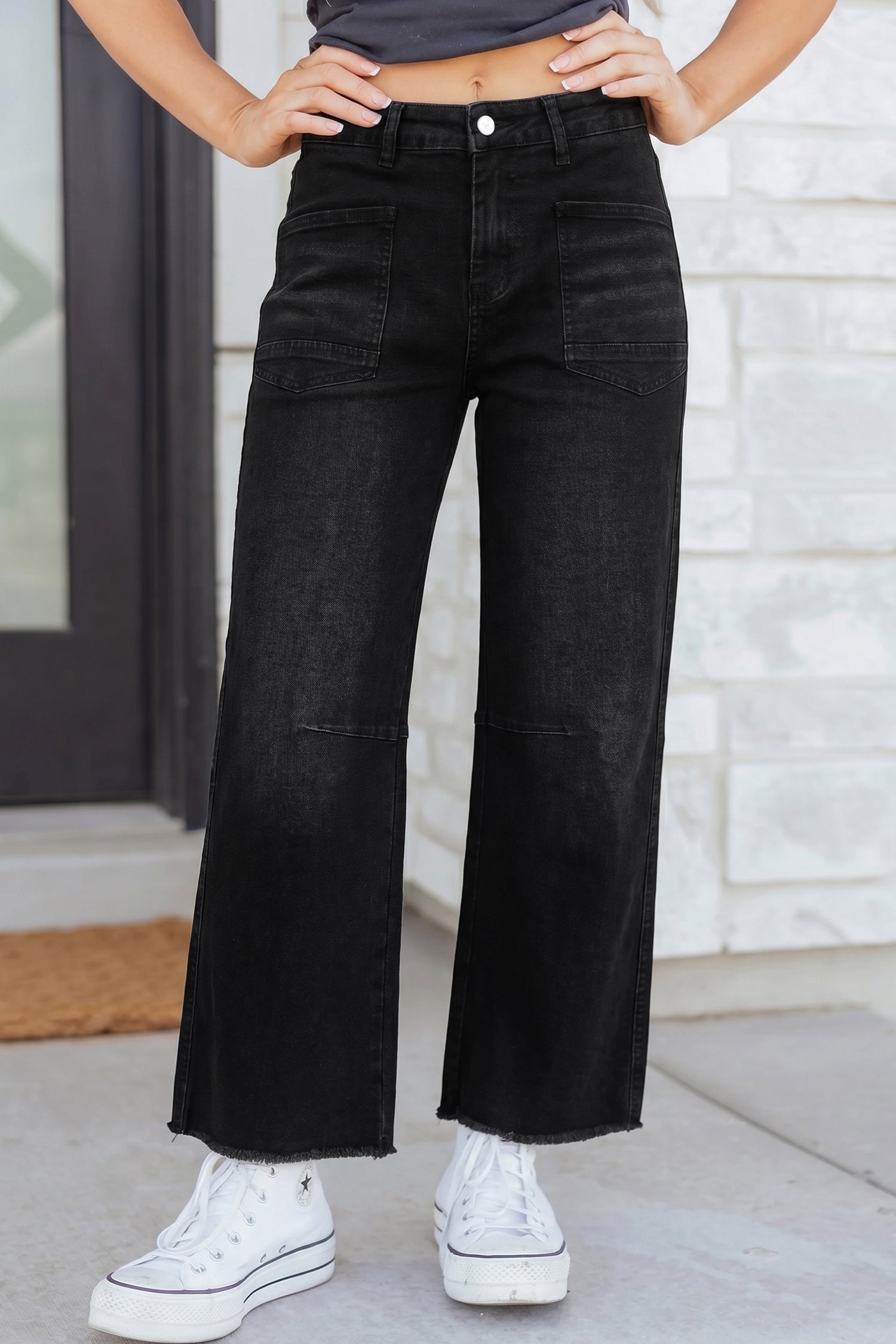 Black Frayed Cropped Straight Jeans