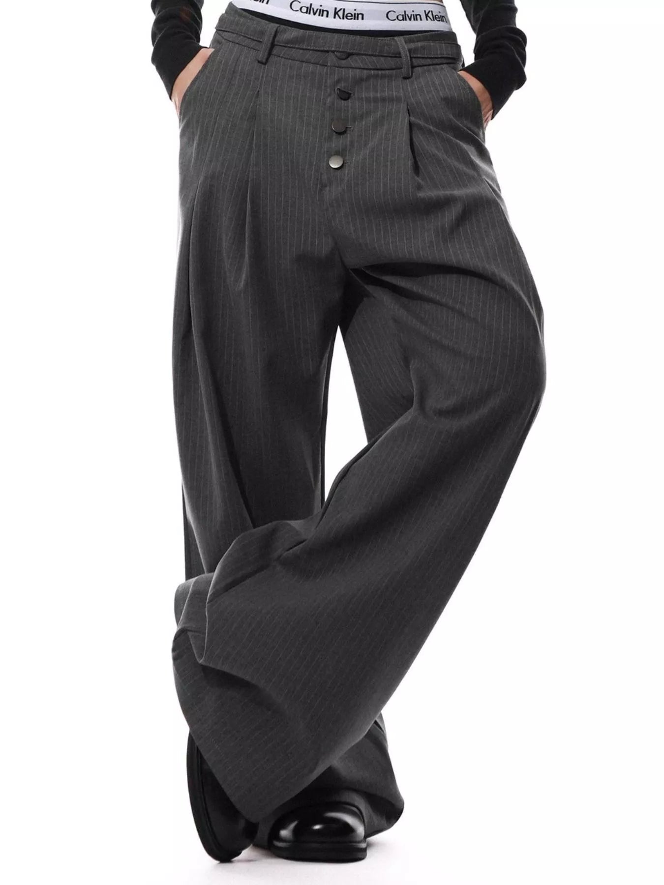 Men's Plus Size Wide Leg Striped Button-Front Pants