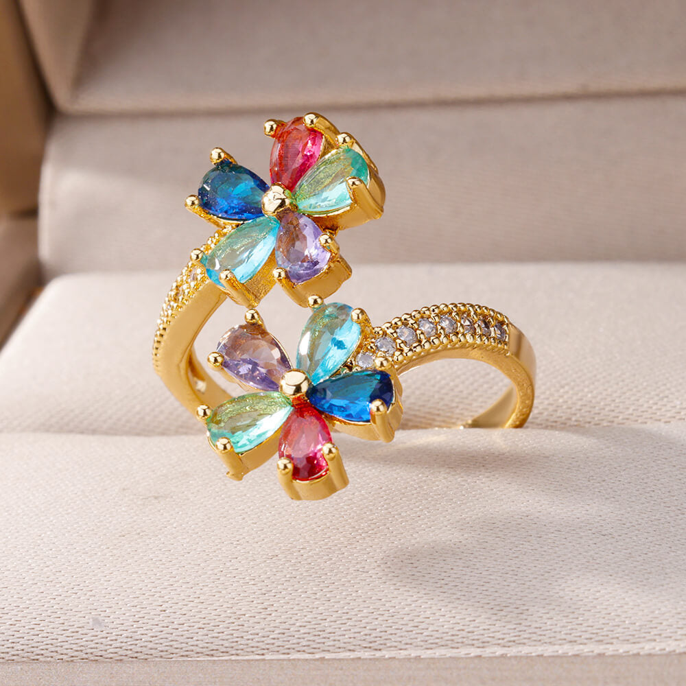Women's Colorful Zircon Flower Open Ring