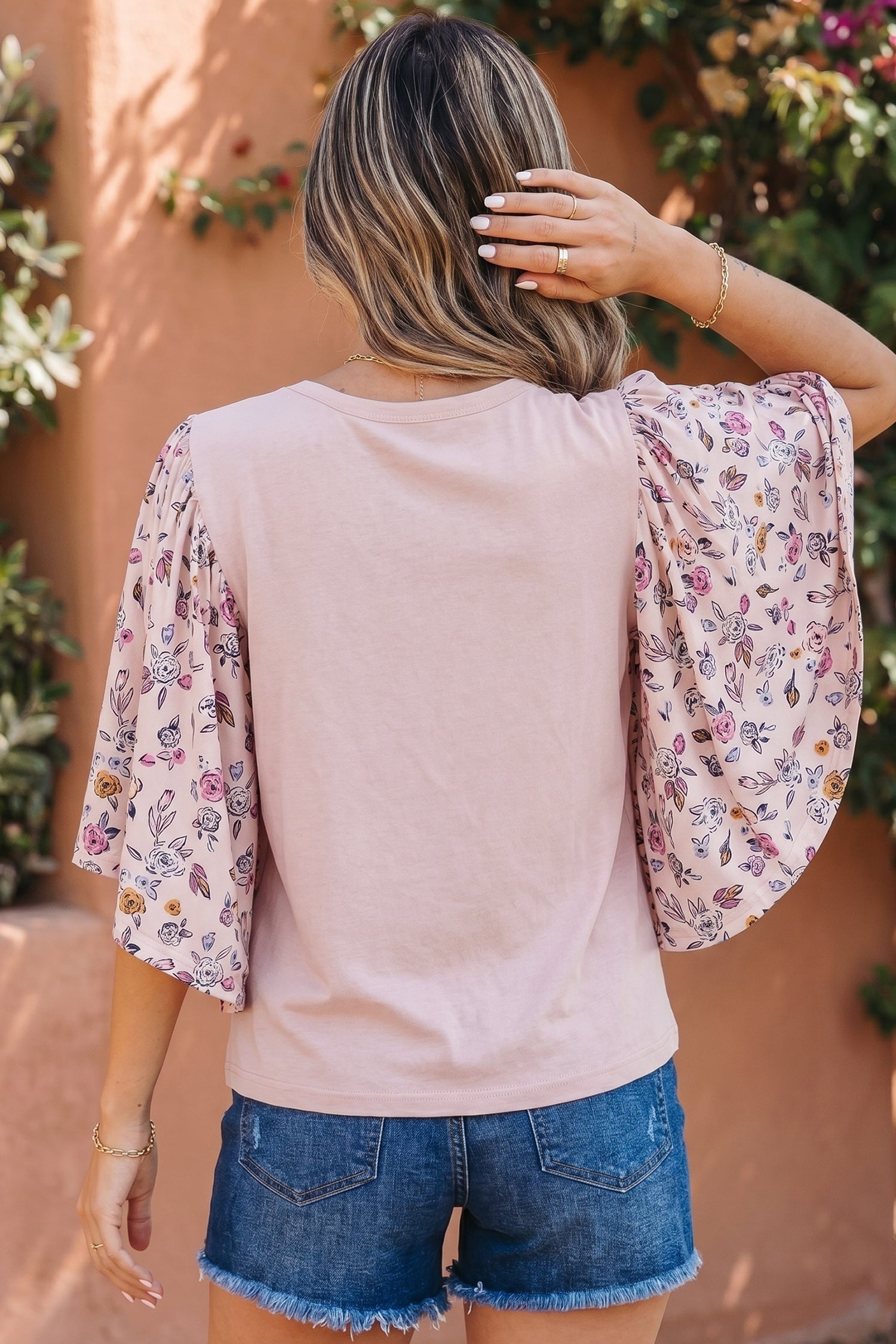 Pink Contrast Floral Patched Flowy Half Sleeve Blouse