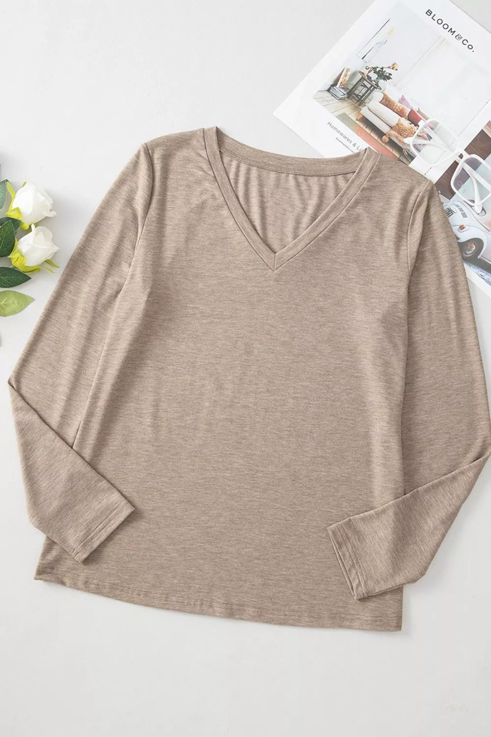 Solid Color V Neck Long Sleeve Stretchy Top