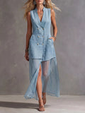 Sleeveless Double-Breasted Denim Maxi Dress