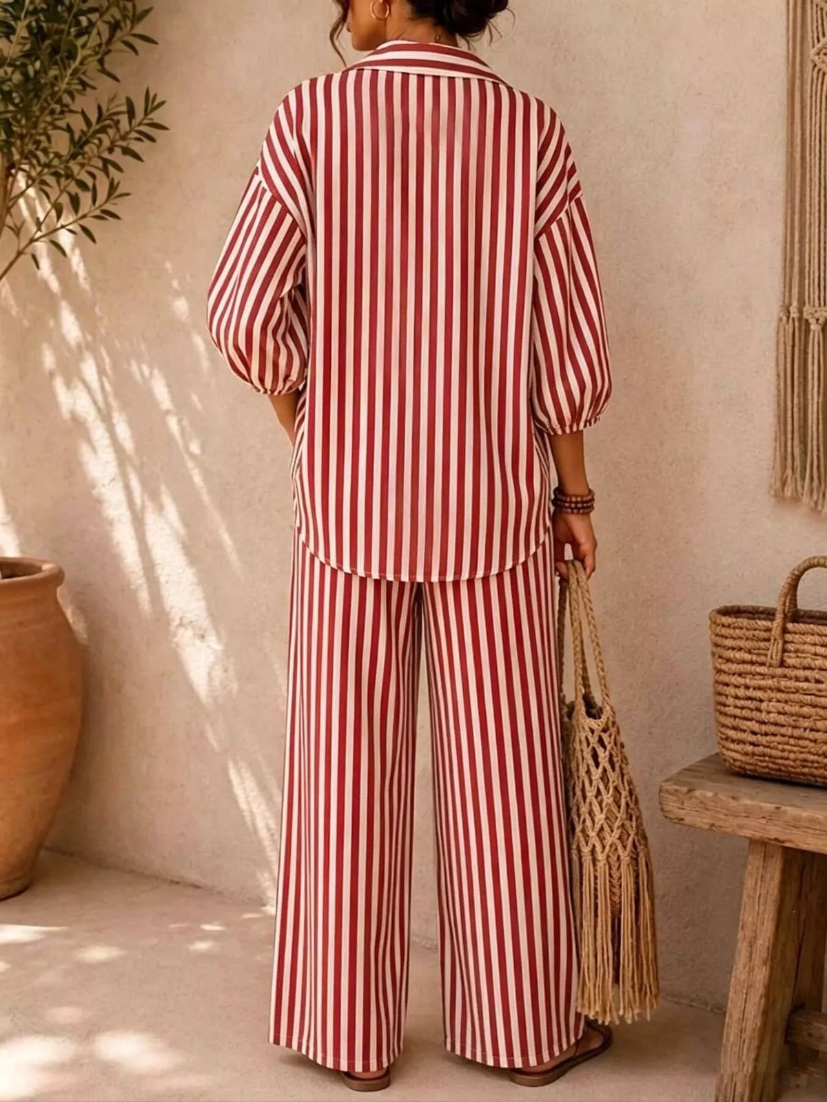 Full Size Striped Relaxed Fit Shirt and Wide-Leg Pants Set Plus Size