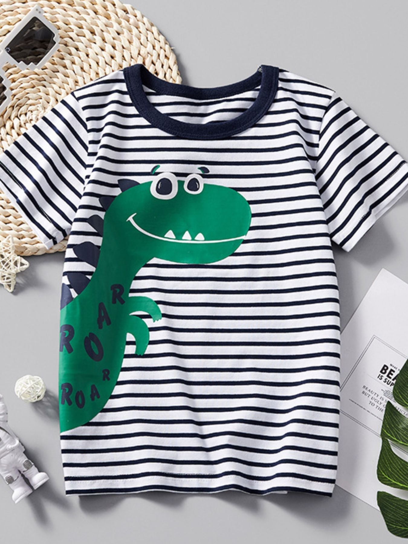 Children's Dinosaur Print Striped Crew Neck Short Sleeve T-Shirt