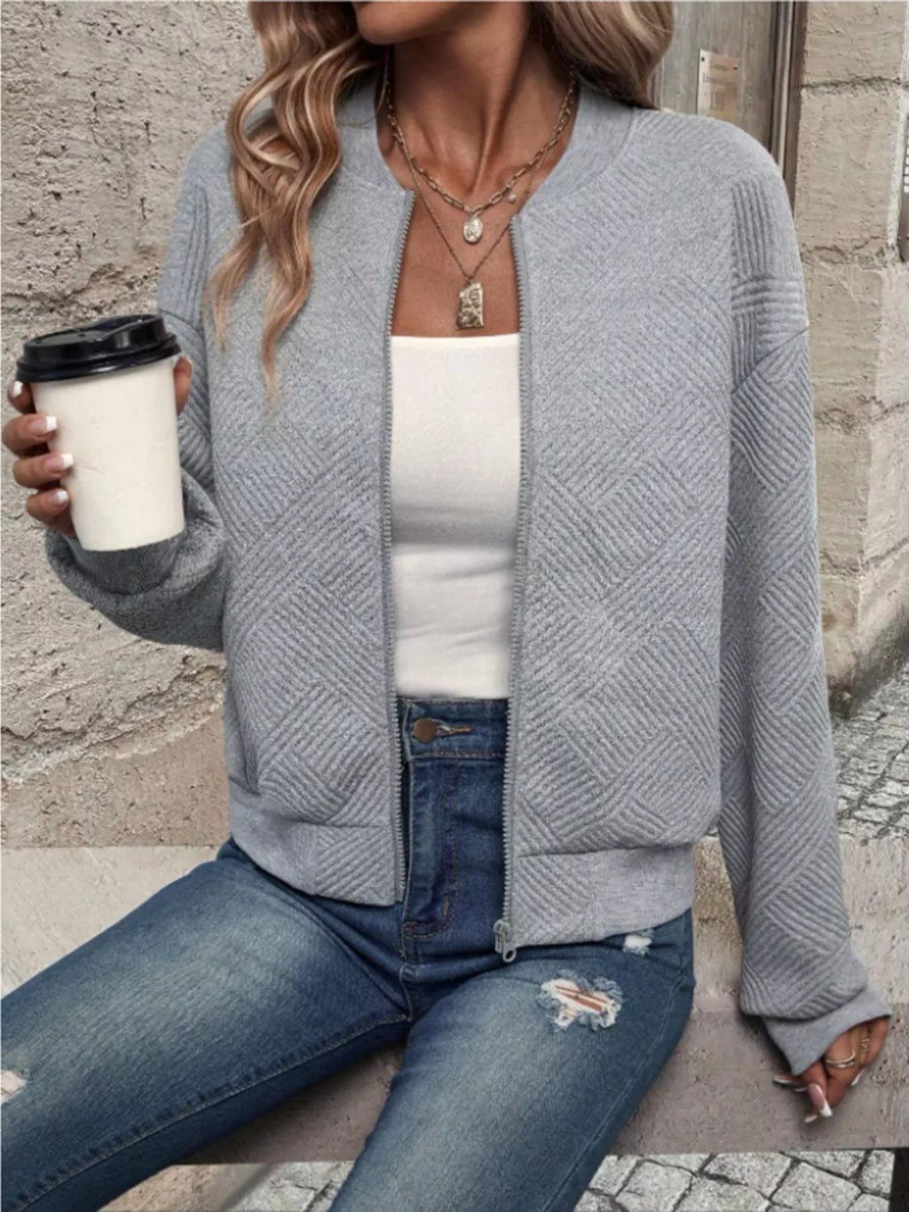 Textured Knit Zip-Up Bomber Jacket