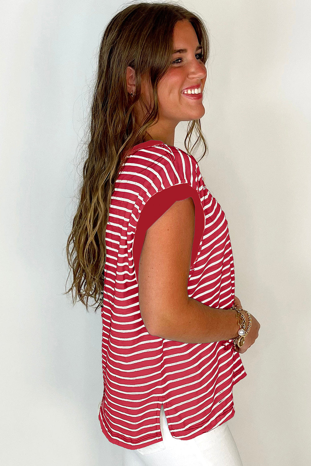 Red Stripe Chest Pocket Patch Round Neck Tank Top