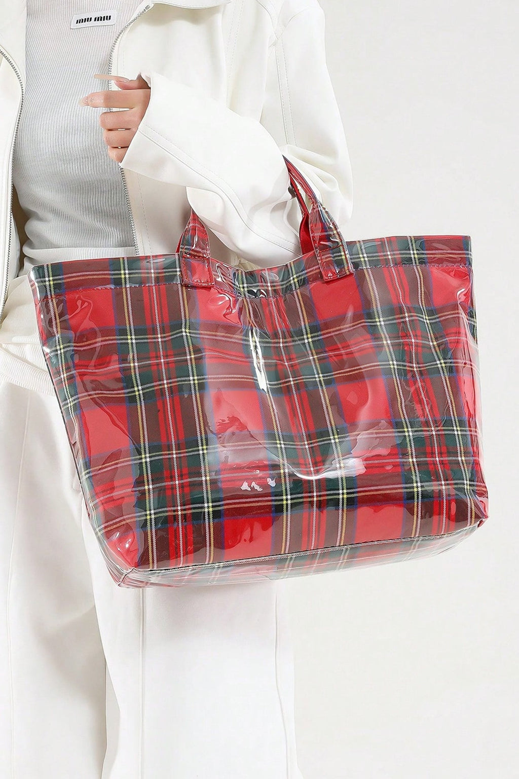 Fiery Red Plaid Pattern PVC Glossy Waterproof Tote Bag