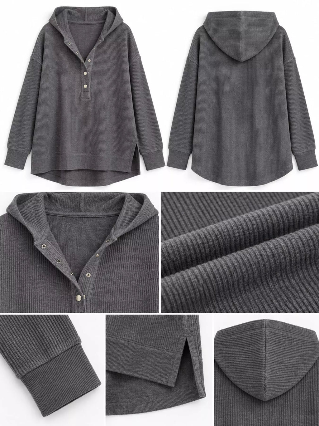 Full Size Snap Button Placket Dropped Shoulder Hoodie Plus Size