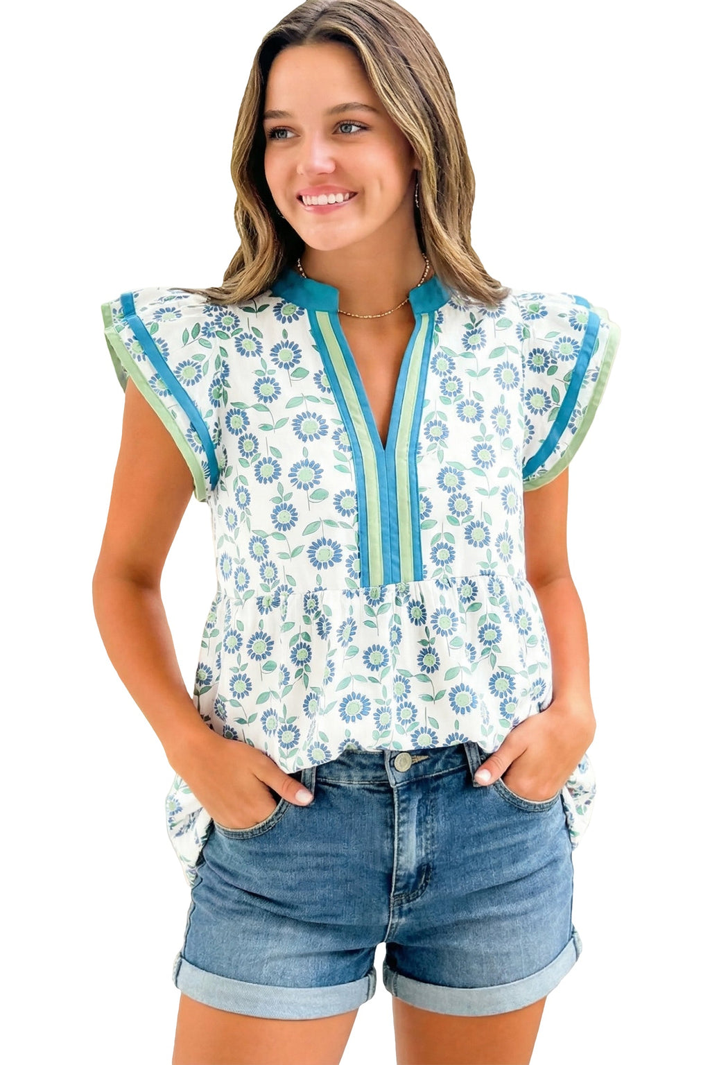Green Sunflower Printed Contrast Trim V Neck Flutter Sleeve Blouse