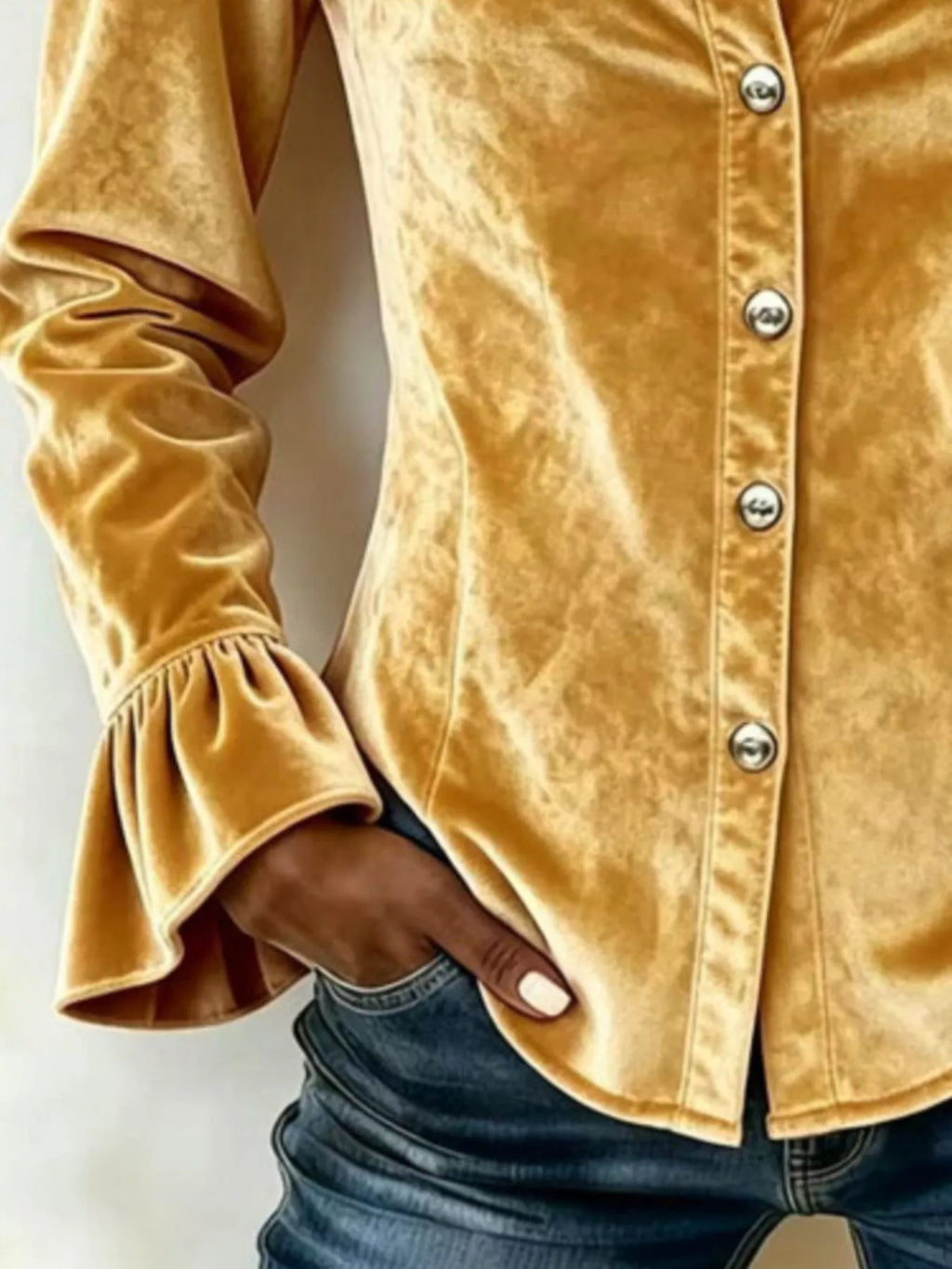 Velvet Button-Down Flounce Sleeve Shirt