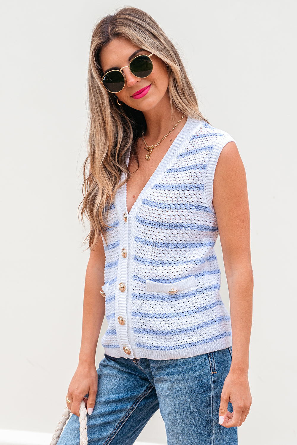 Stripe Buttoned V-Neck Sweater Knit Top