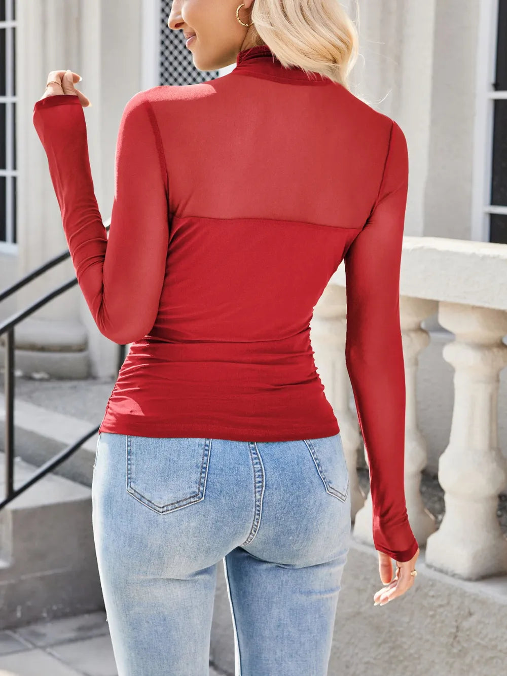 Semi-Sheer Viscose-Blend Mock Neck Long Sleeve Top