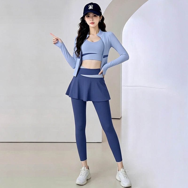 Womens Color-Block Stand-Neck Zipper Yoga Three-Piece Set