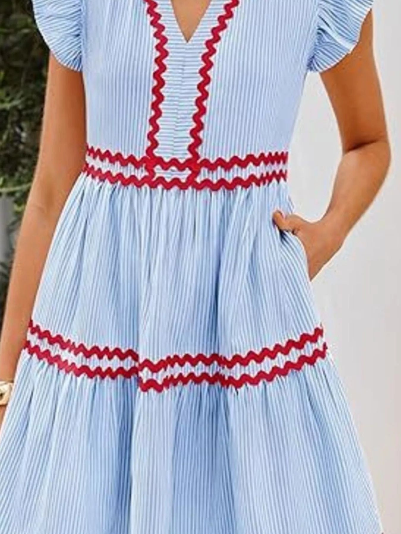 Striped Ruffle Sleeve Tiered Dress
