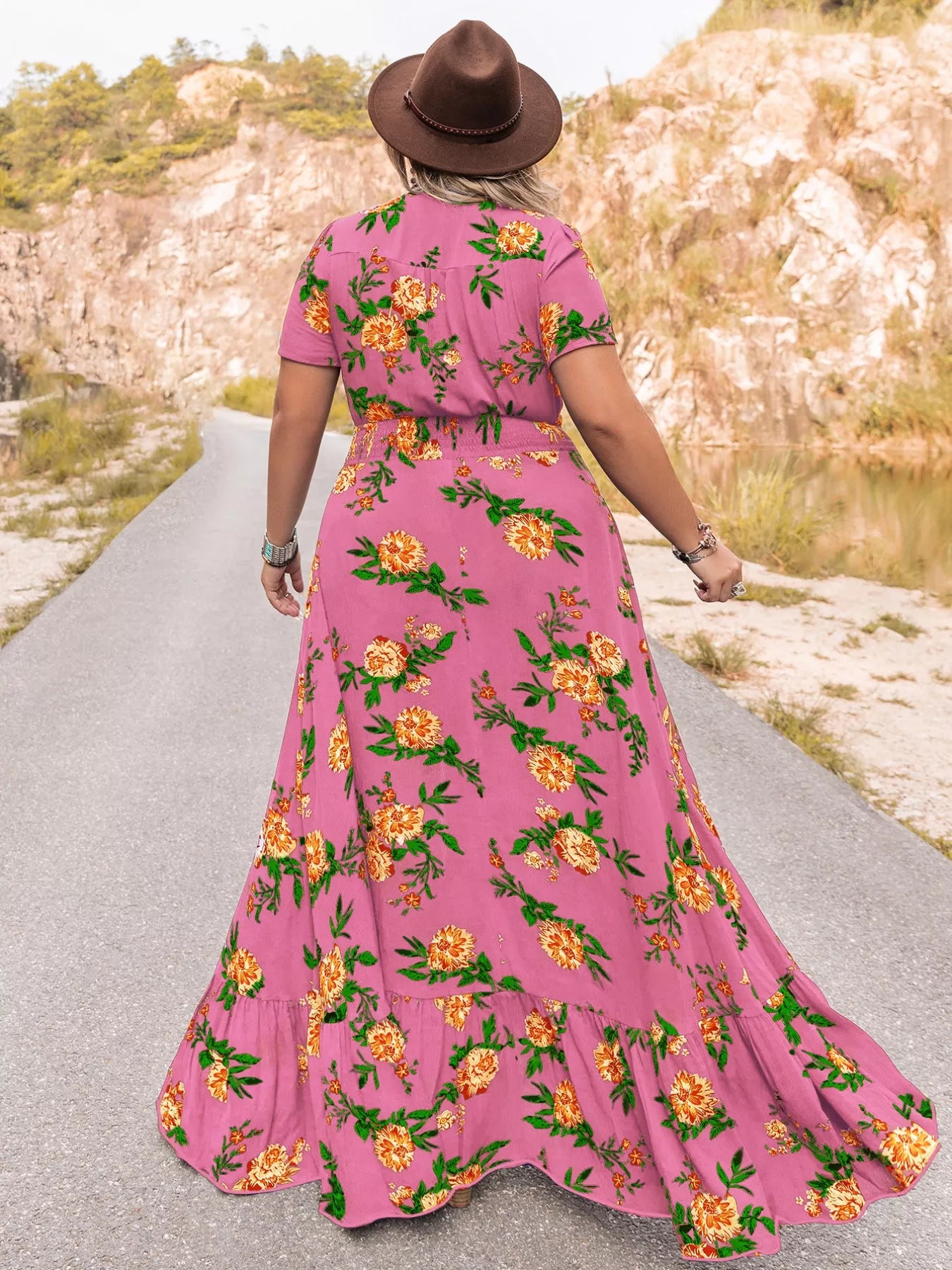 Floral V-Neck Short Sleeve Maxi Dress