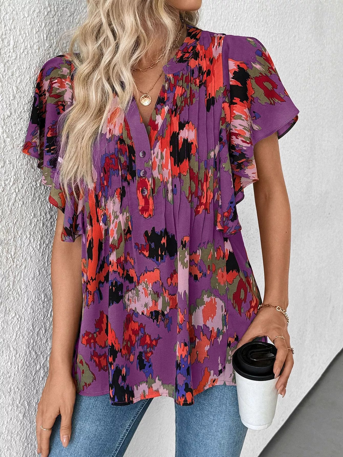Abstract Print Flutter Sleeve Blouse