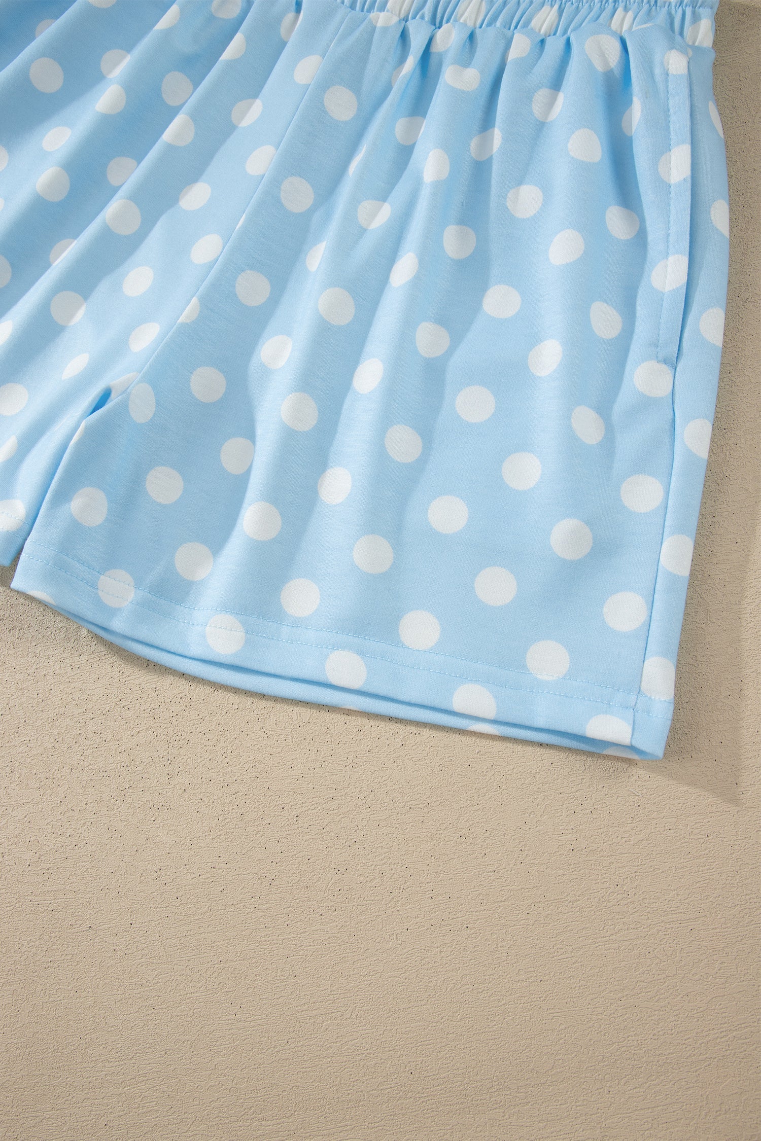 Sky Blue Polka Dot Print Color Block Trim Mock Neck Short Set