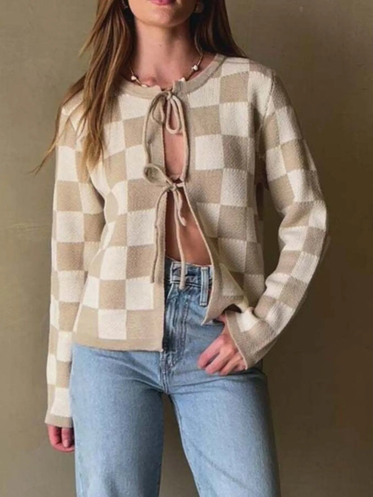 Checkered Tie-Front Cropped Knit Cardigan