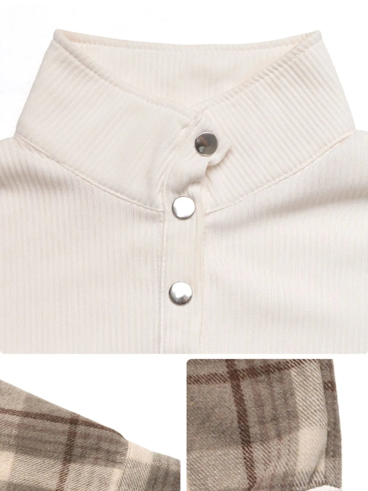 Snap-Down Plaid Long Sleeve Brushed Knit Top