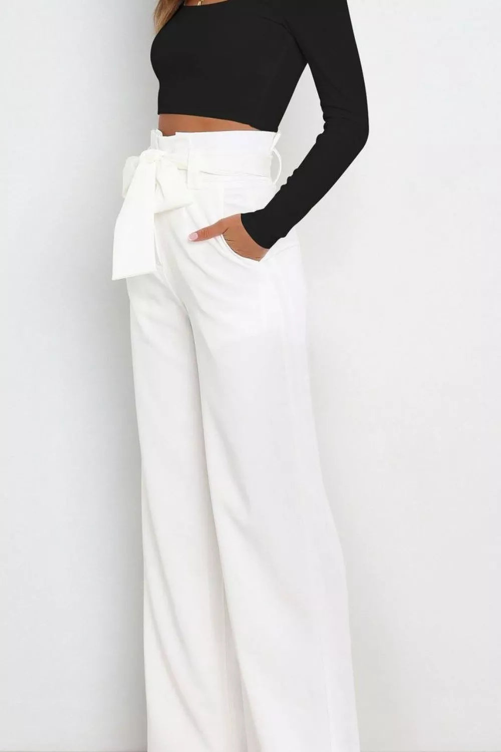 High Waist Tie Front Wide Leg Pants