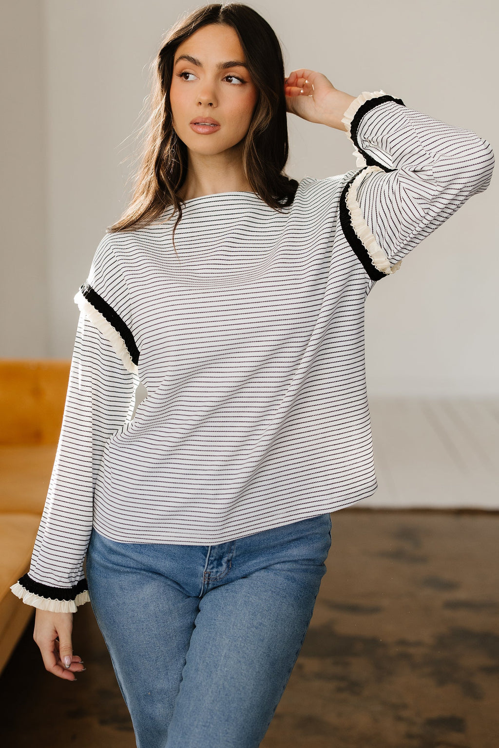 Stripe Contrast Ruffle Trim Long Sleeve Top