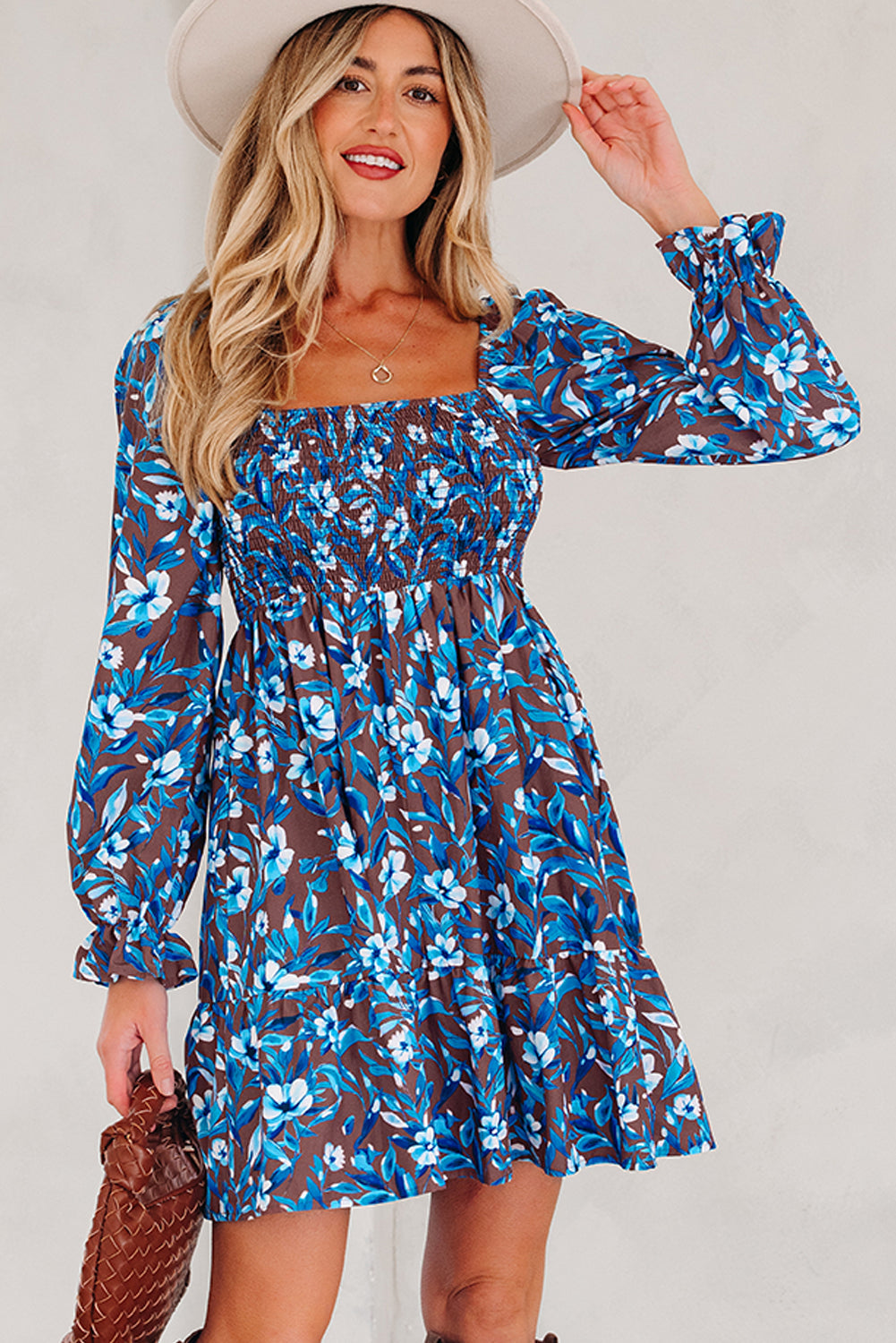 Floral Smocked Bodice Ruffle Sleeve Dress