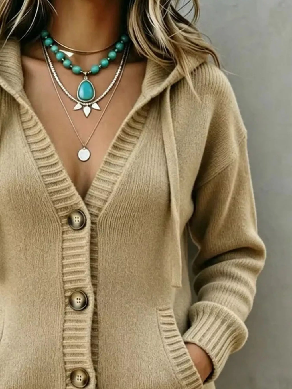 Hooded Button-Down Knit Cardigan with Pockets