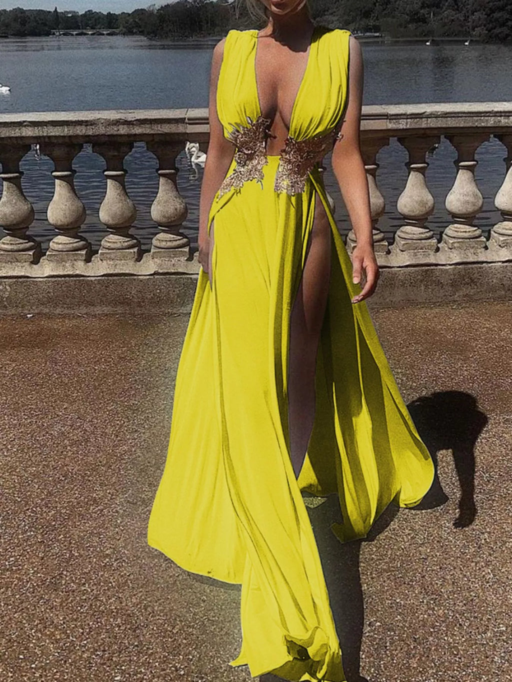 Deep V-Neck High Slit Maxi Dress