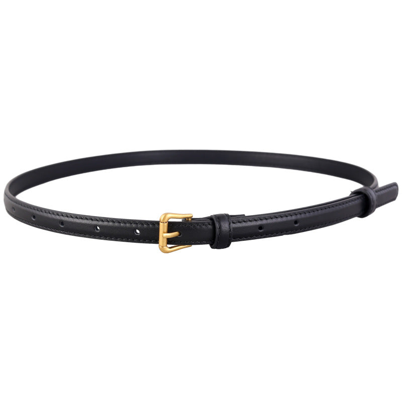 Skinny Leather Belt with Golden Buckle