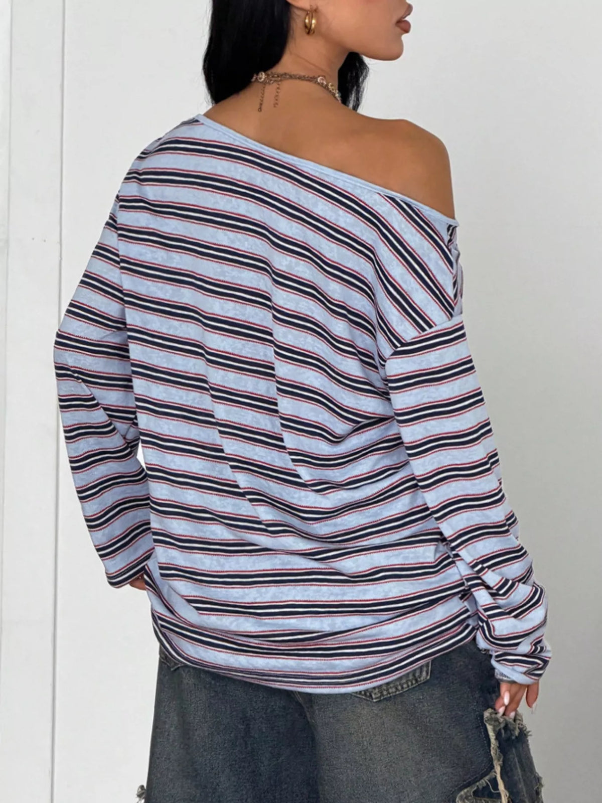 Off-Shoulder Striped Long Sleeve T-Shirt