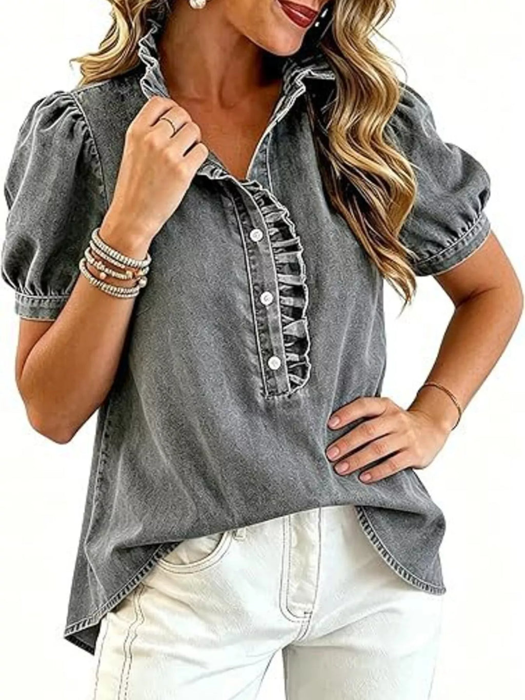 Frill Puff Sleeve Denim Top