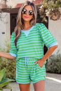 Green Stripe Puff Short Sleeve T Shirt Matching Shorts Set