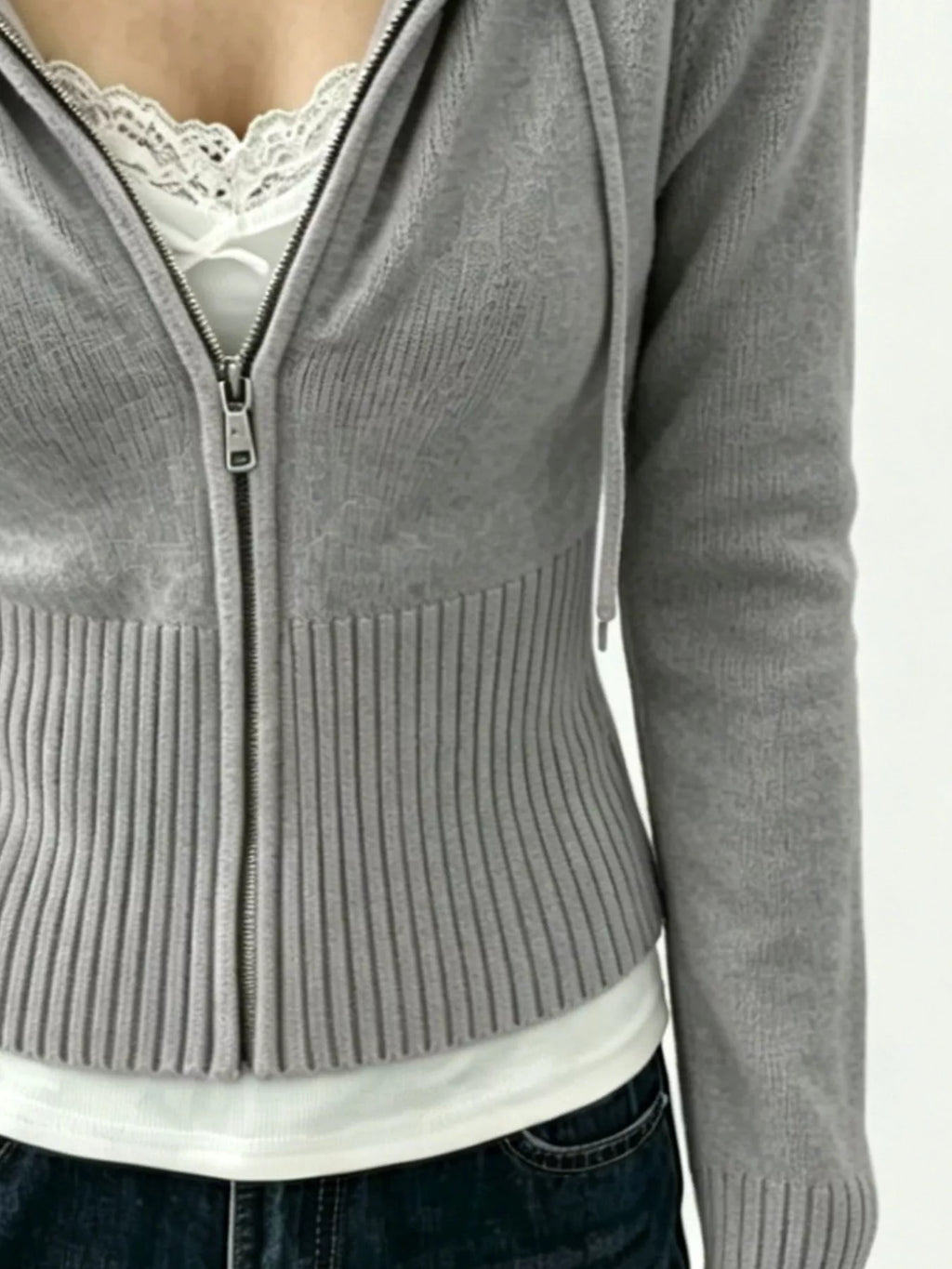 Zip-Up Cropped Hooded Cardigan