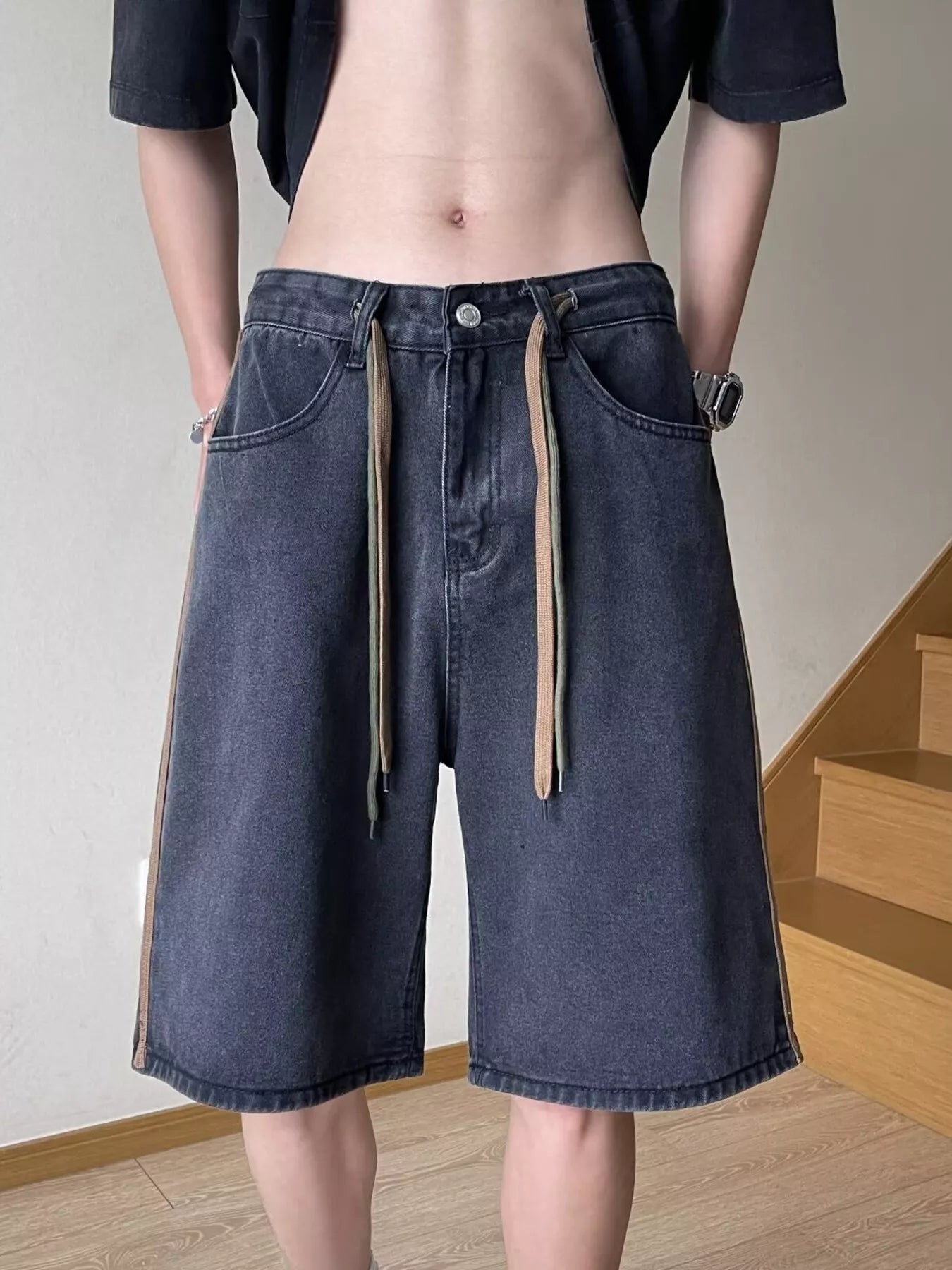 Men's Full Size Drawstring Wide-Leg Denim Shorts Plus Size