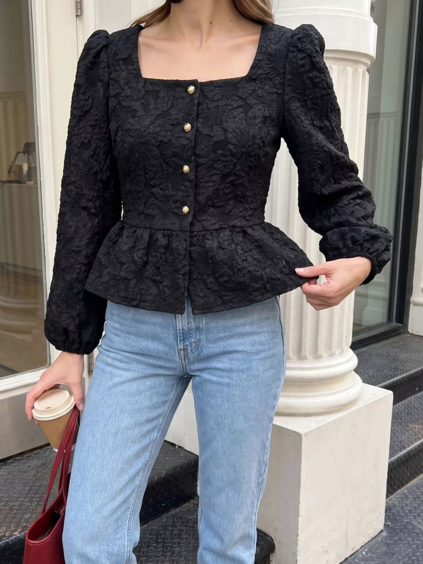 Square Neck Textured Peplum Blouse