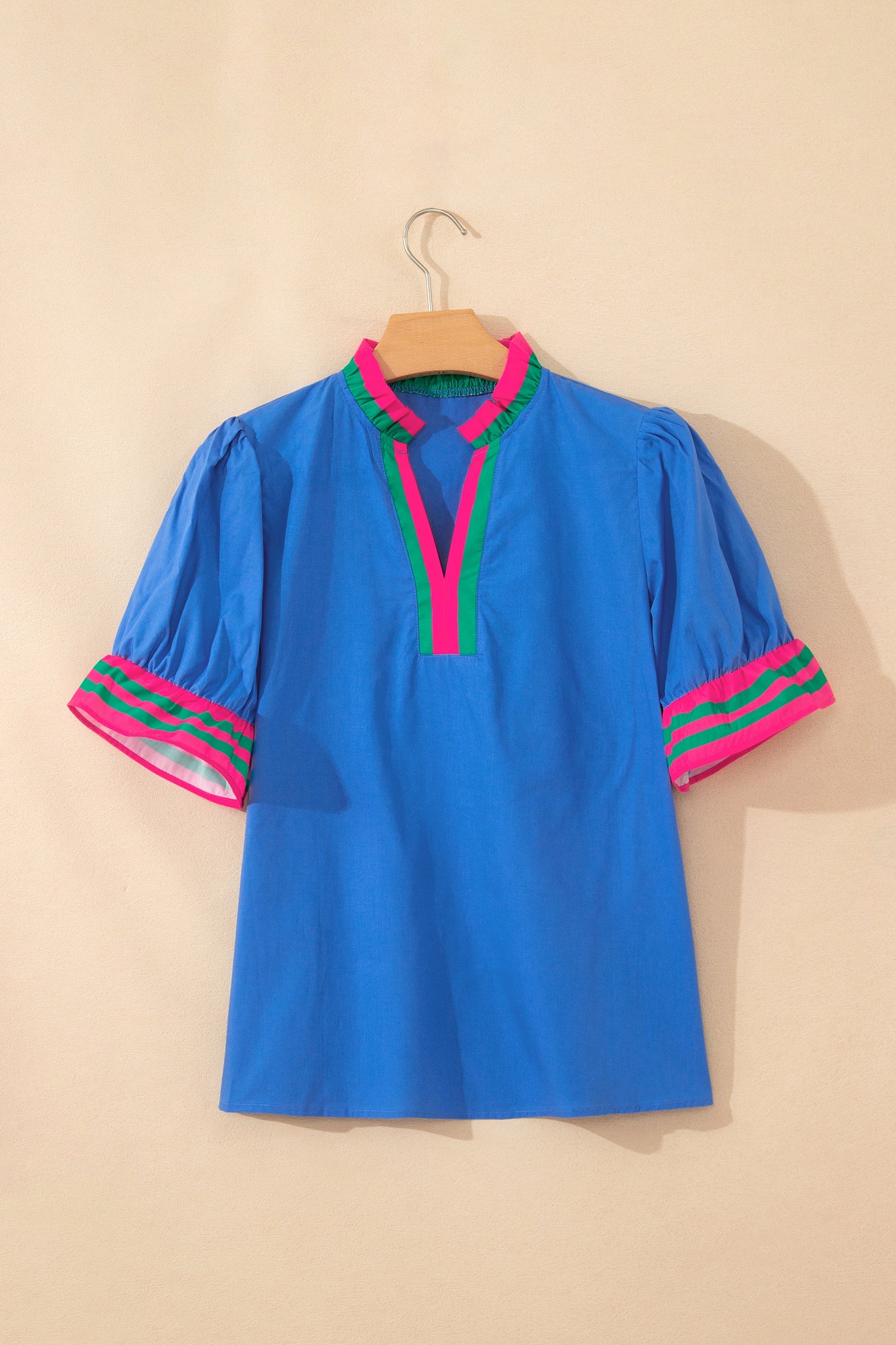 Sky Blue Striped Frilled Collar Ruffled Short Sleeve Blouse