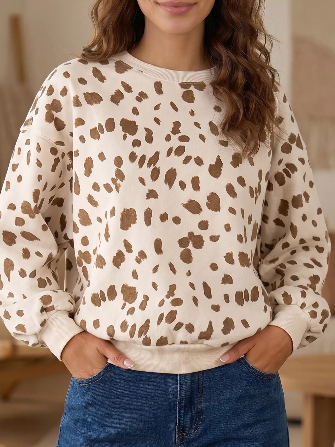Leopard Print Dropped Shoulder Round Neck Casual Sweatshirt