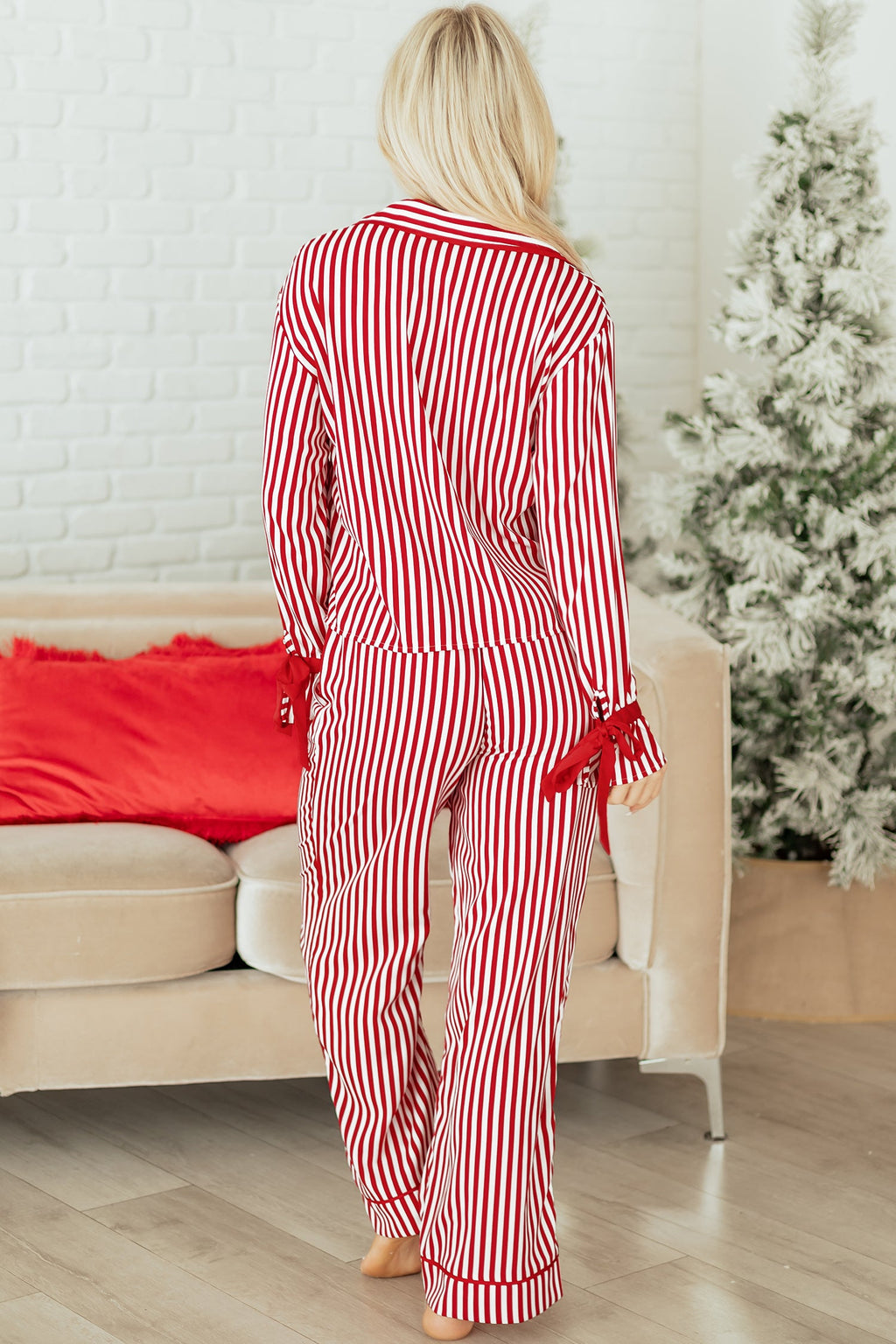 Red Stripe Contrast Velvet Trim Bow Knot Waist 2pcs Pajama Set