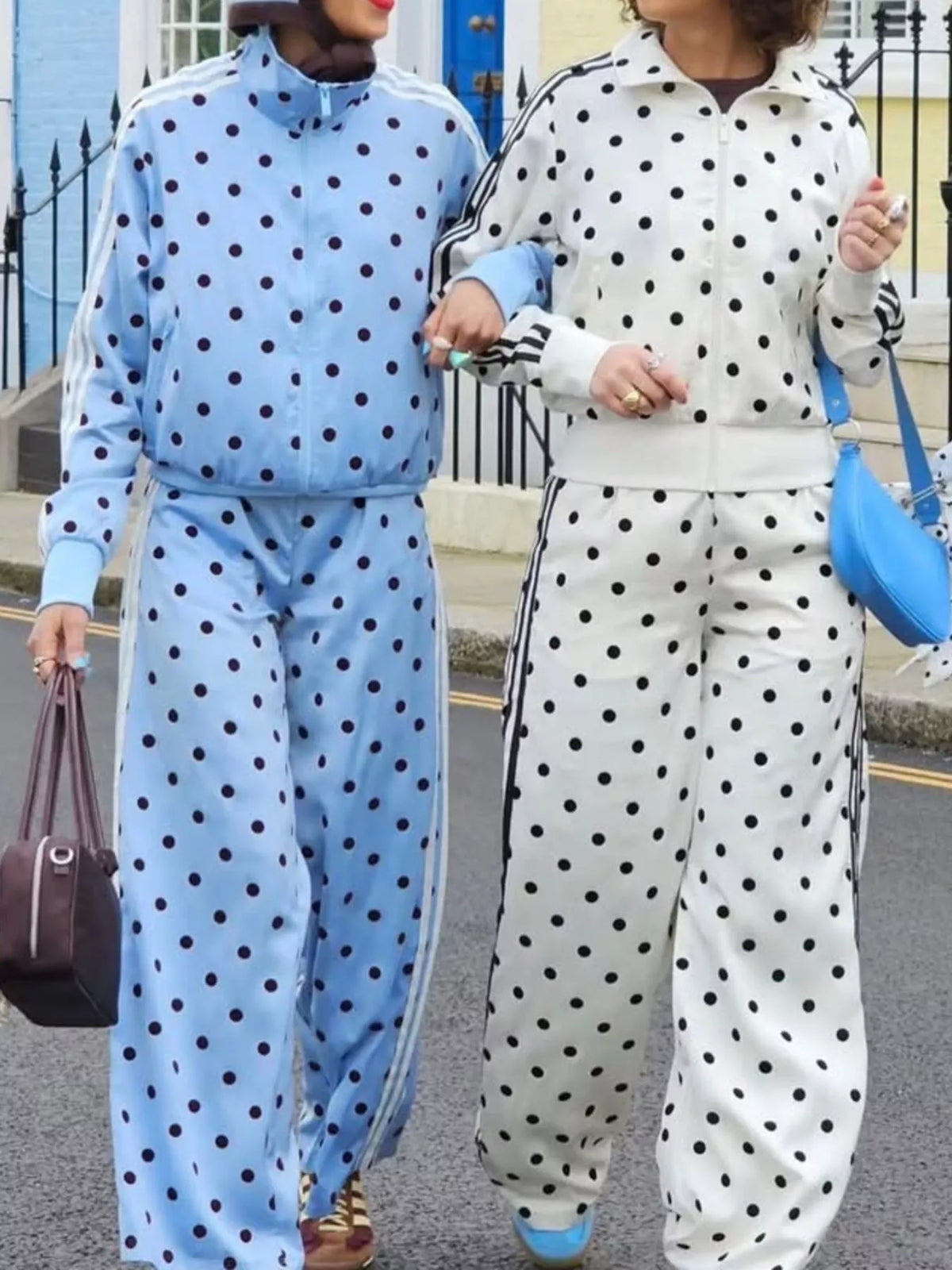 Polka Dot Side Striped Outerwear and Pants Set