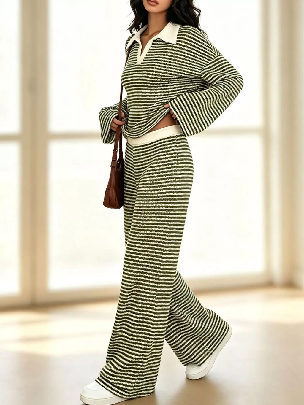 Striped Long Sleeve Polo and Wide-Leg Pants Set