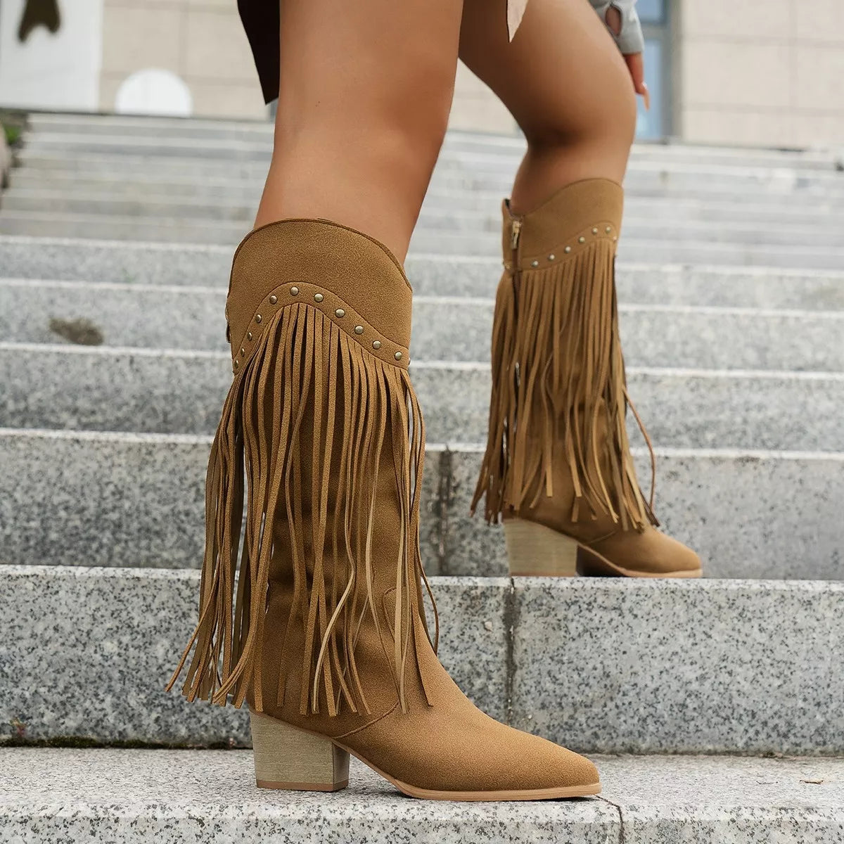 Fringe Point Toe Block Heels Boots