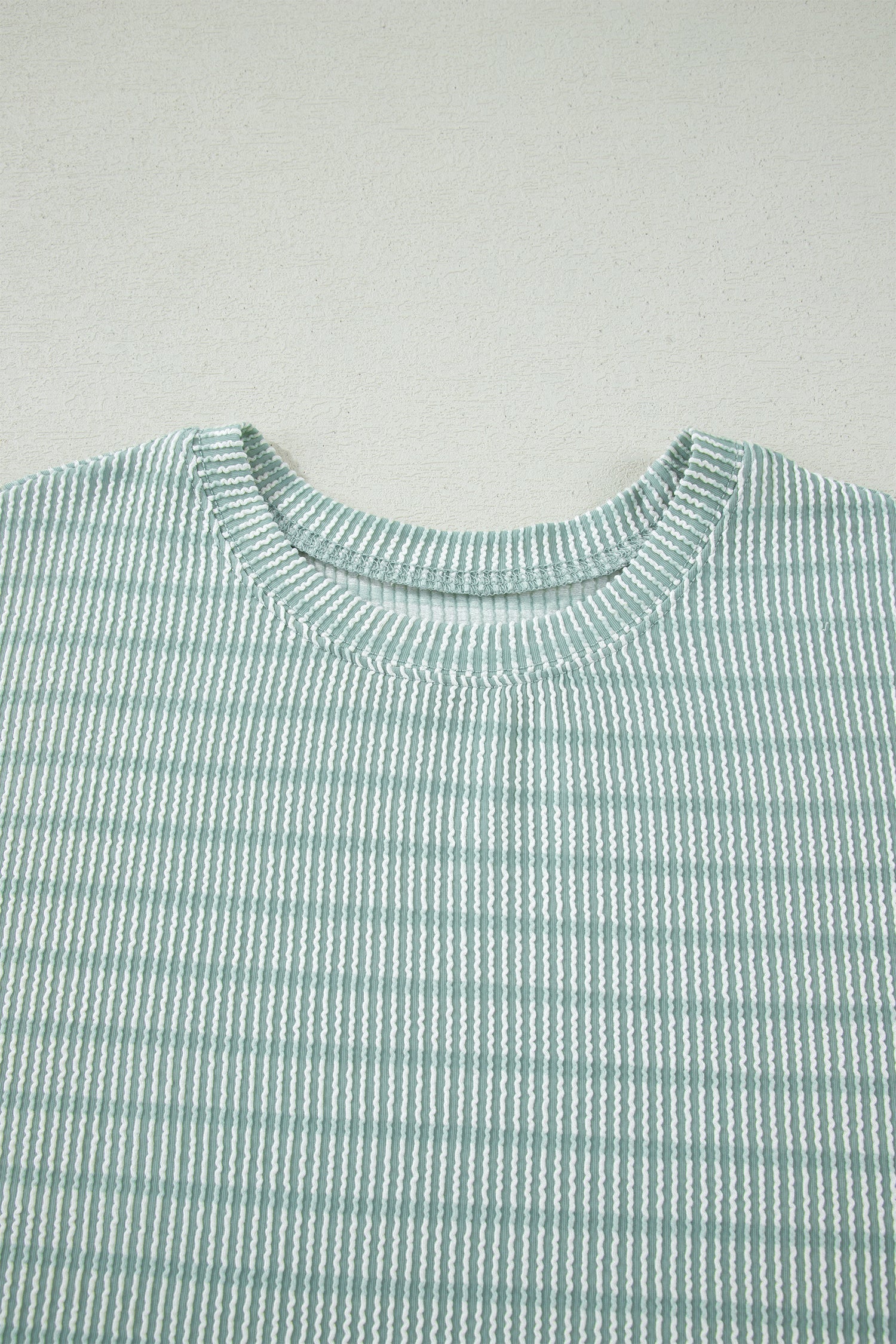 Green Stripe Raised Rib Loose Tee Drawstring Elastic Waist 2pcs Short Set