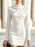 Mock Neck Long-Sleeve Bodycon Dress with Gold-Tone Button Detailing